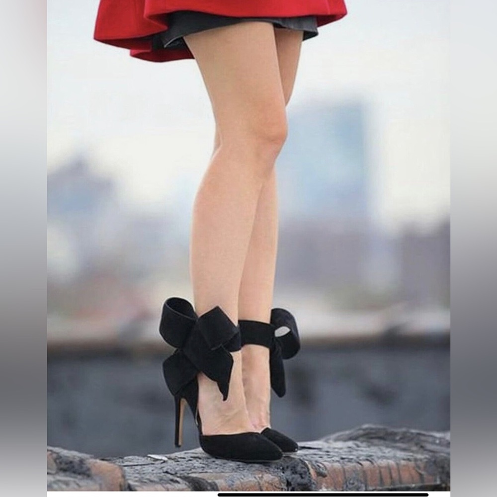 New Sarah Jessica Parker Inspired Black Suede Finish Bow Ankle Strap Heels
